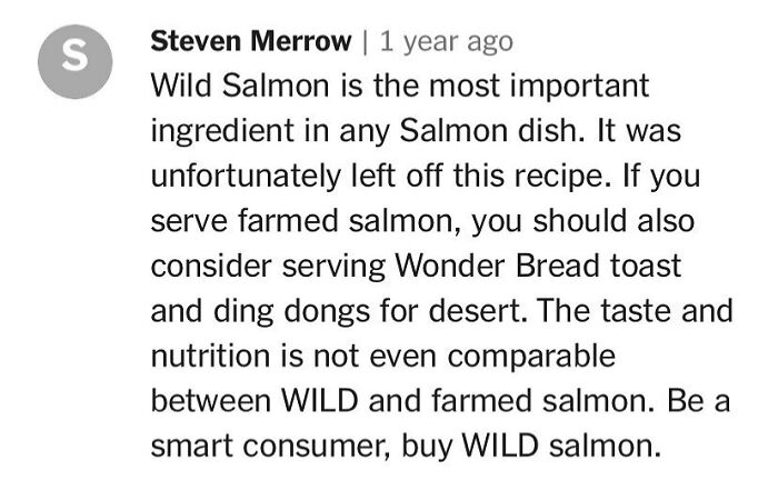 Comment on wild vs. farmed salmon in cooking and recipes.