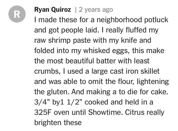 A humorous cooking comment describing a shrimp paste recipe for a potluck, highlighting its unique ingredients and method.