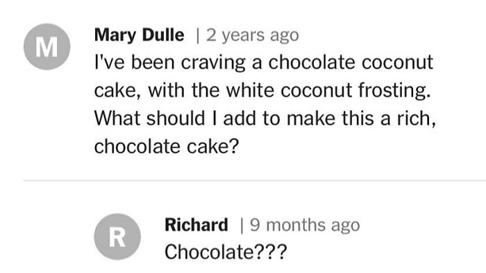 User comments on an unhinged cooking recipe for chocolate coconut cake, questioning the addition of chocolate.