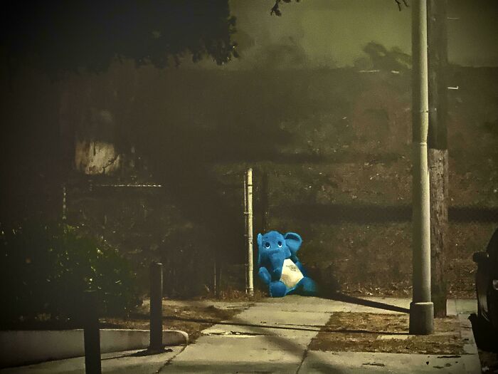 A blue elephant toy on a sidewalk, creating a scene reminiscent of Renaissance paintings.