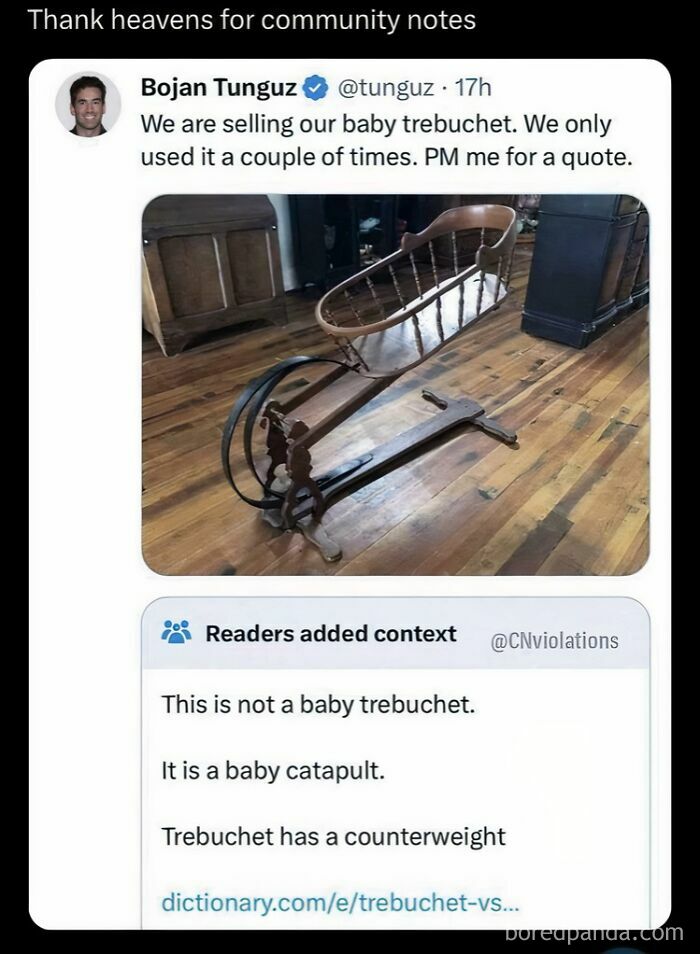 Bizarre brand new sentence about selling a "baby trebuchet" clarified as a baby catapult with humorous context.