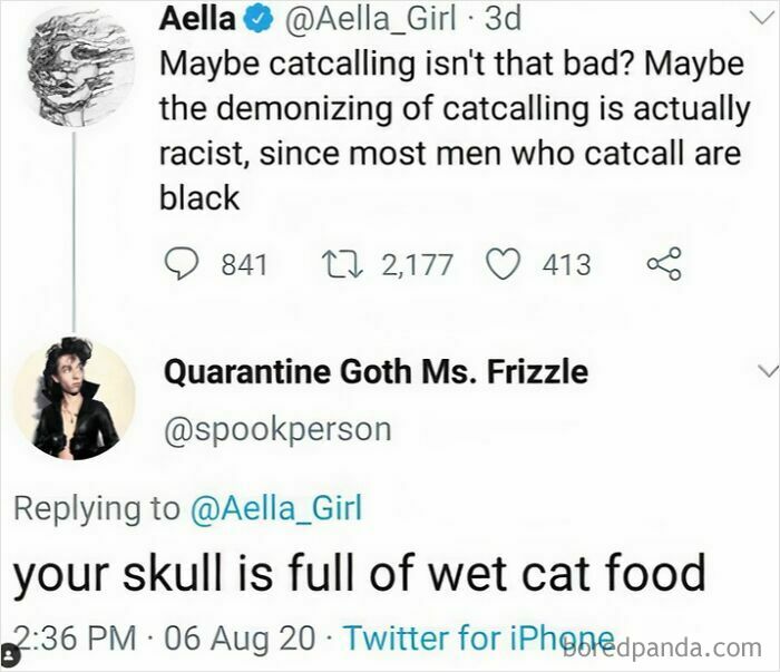 Bizarre sentence reply on Twitter suggesting someone's skull is full of wet cat food.