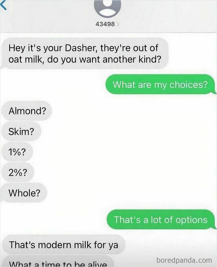 Text exchange humorously listing milk options, highlighting bizarre modern choices in a funny way.