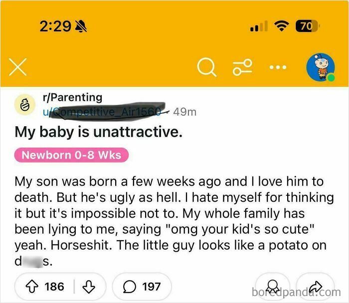 Reddit post in r/Parenting featuring a hilariously bizarre brand new sentence about an unattractive baby.