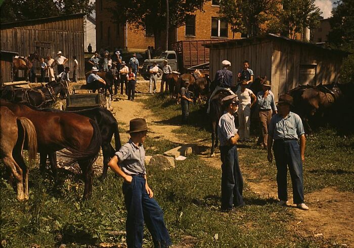 People in 1940s attire gather outdoors with horses, showcasing rural life and transportation in color photography.