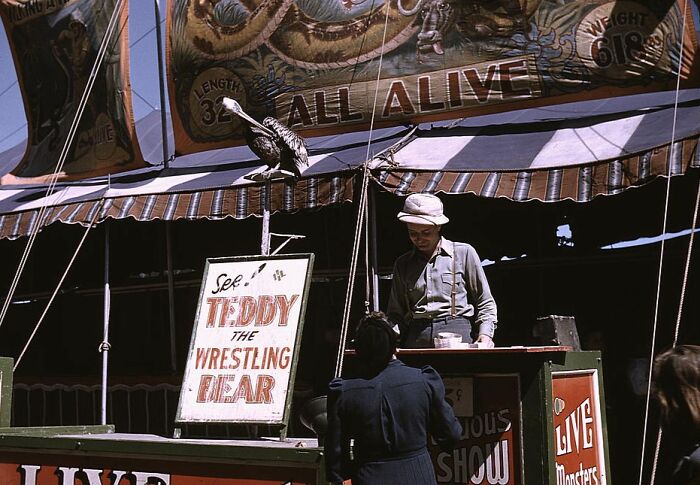 1940 color photo of a vintage carnival booth advertising "Teddy the Wrestling Bear" with a man and visitor.