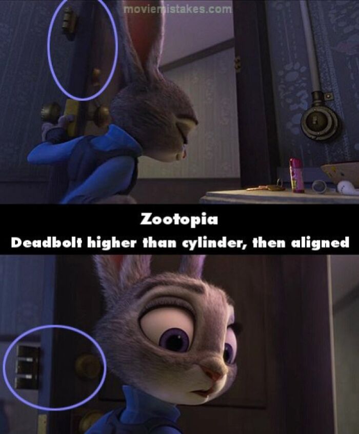 Animated character from Zootopia with door lock mistake highlighted for funny movie mistakes.