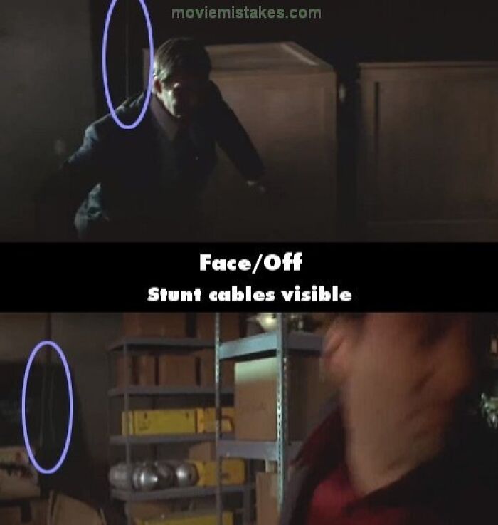 Stunt cables visible in "Face/Off" scene, highlighting funny movie mistakes.