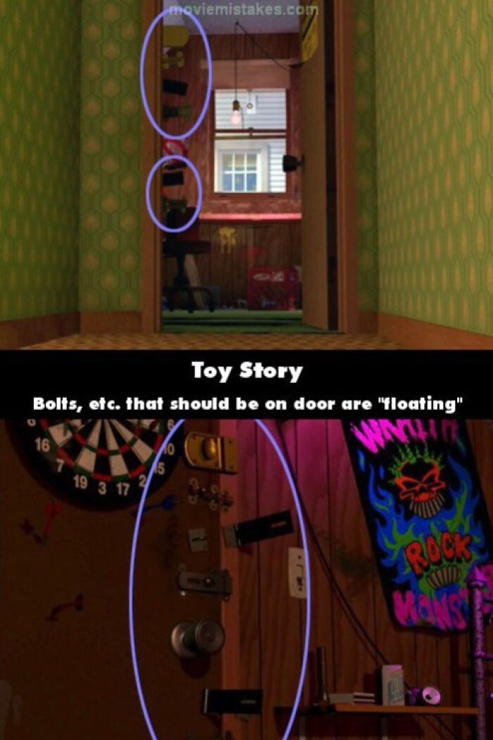 Floating door bolts in Toy Story illustrate a funny movie mistake.