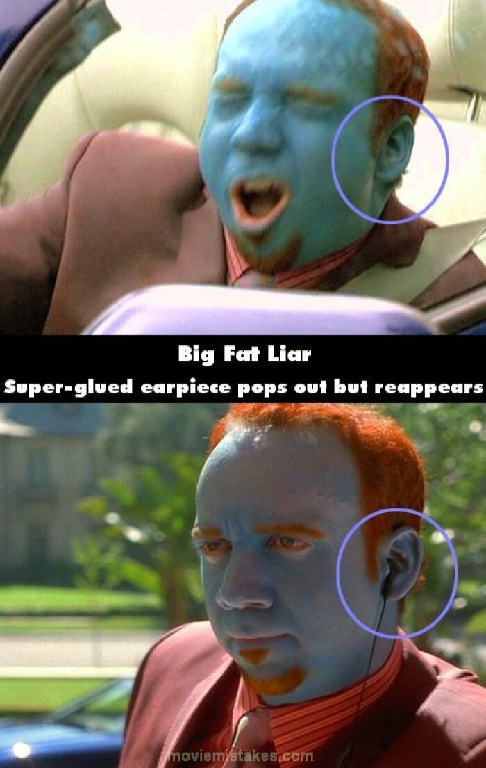 Man with blue face in a movie scene showing funny movie mistakes, earpiece popping out but reappearing in different shots.