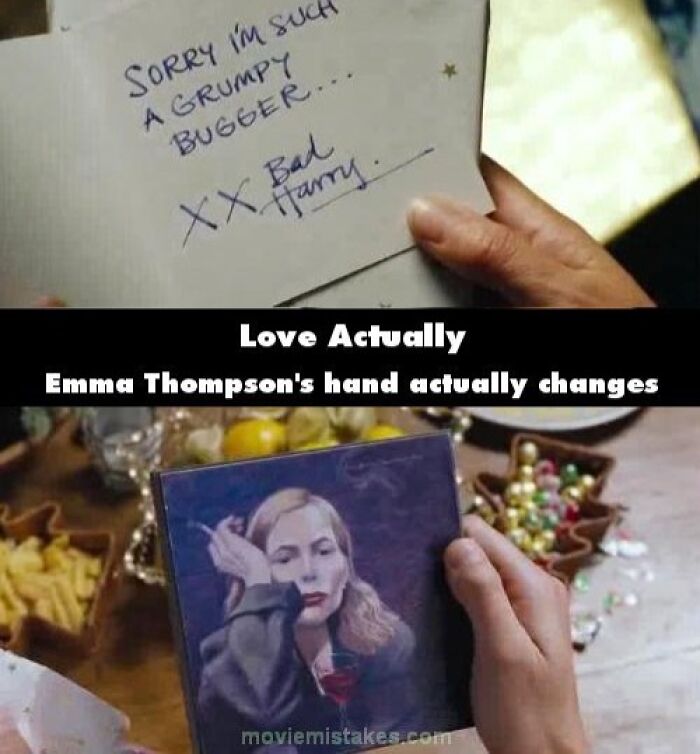 A funny movie mistake in "Love Actually" showing a continuity error with a card and hand position.