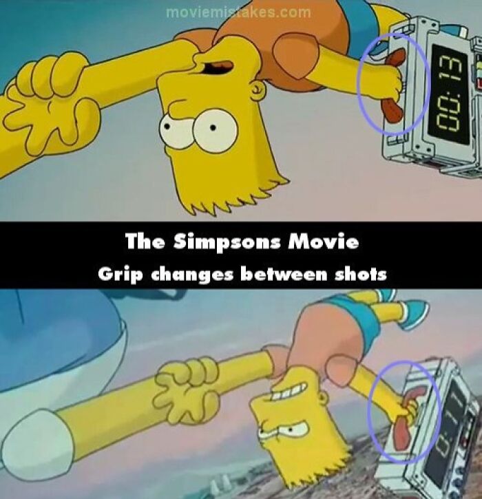 Bart Simpson's grip on bomb differs between shots in a funny movie mistake from The Simpsons Movie.