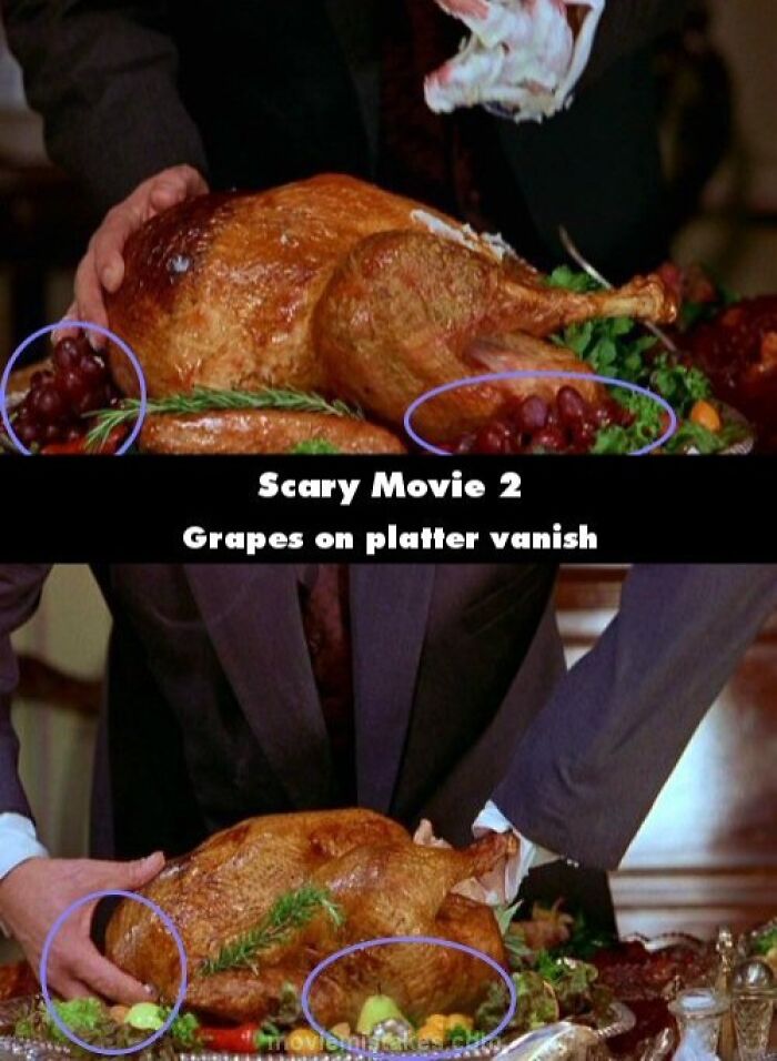 Scene from "Scary Movie 2" showing a funny movie mistake with grapes vanishing from a turkey platter.