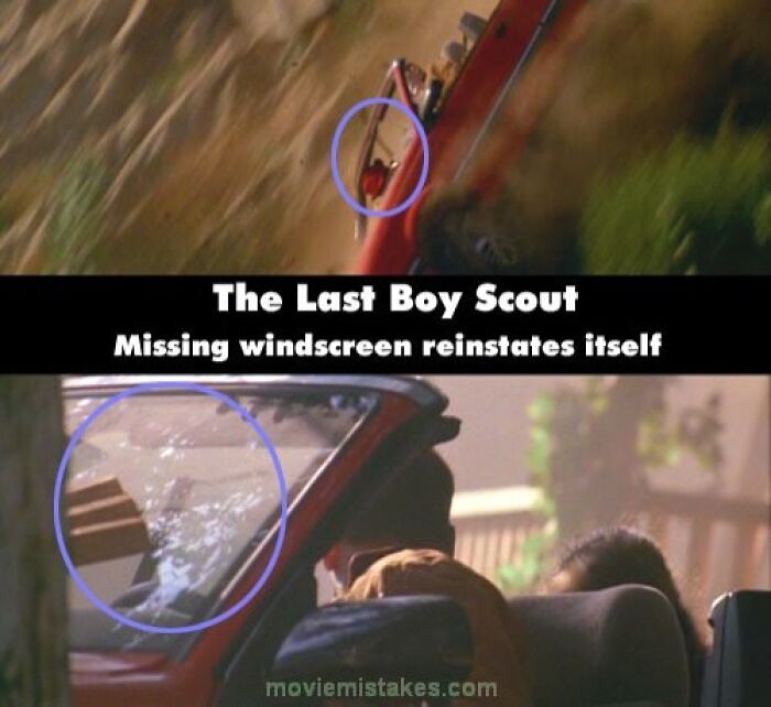 Funny movie mistake in "The Last Boy Scout" with a disappearing and reappearing windscreen.