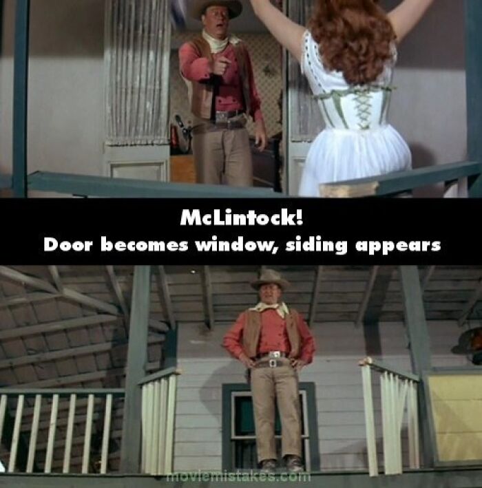 Funny movie mistakes in McLintock! showing a door turning into a window and changing siding.