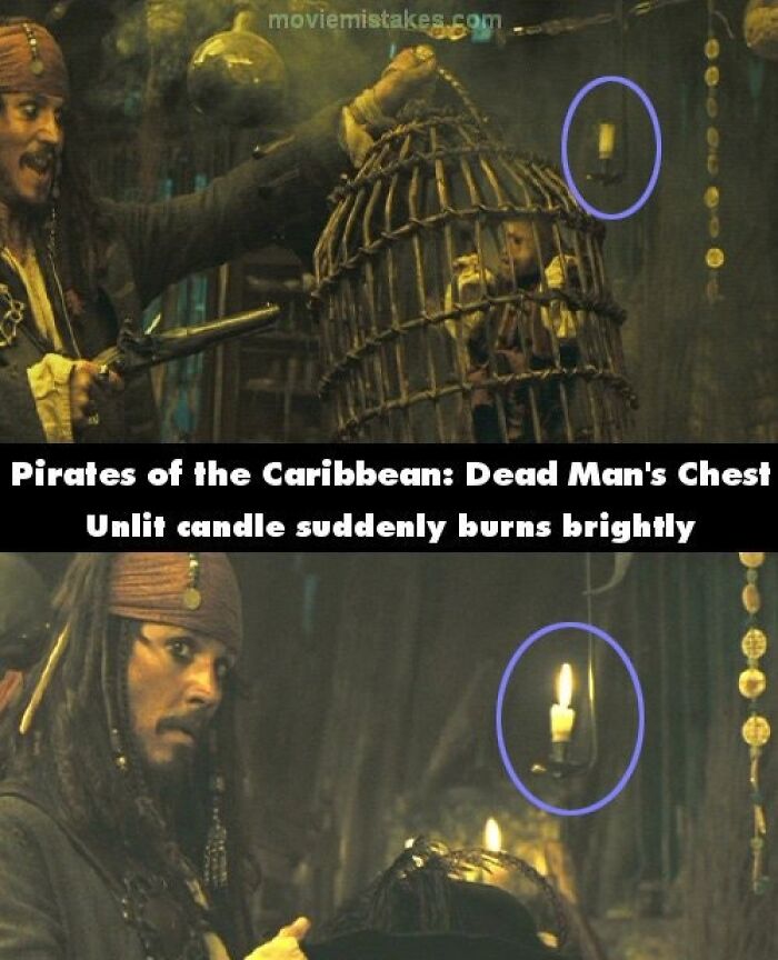 Pirate movie scene highlighting an unlit candle that suddenly lights up, showcasing a funny movie mistake.