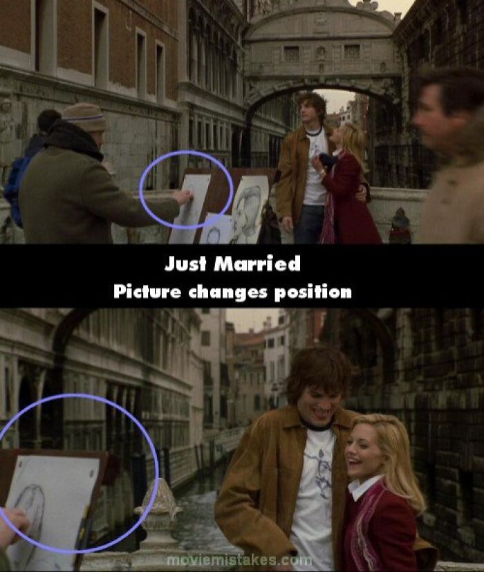 Funny movie mistake in "Just Married," where a drawing changes position between scenes.