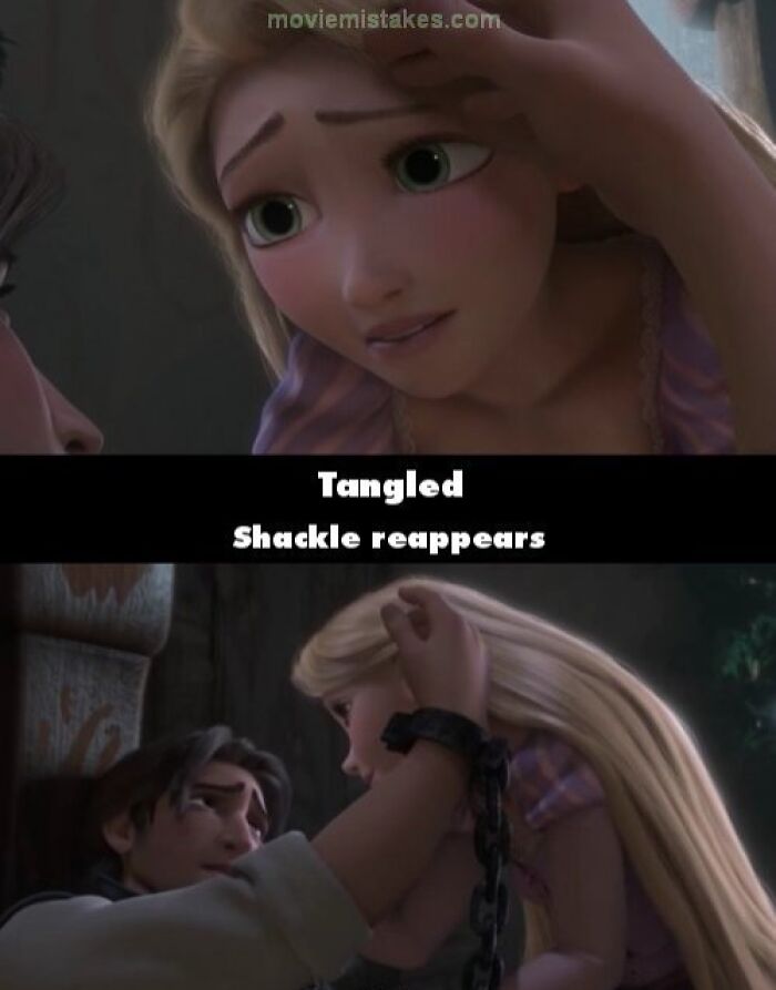 "Tangled animation movie mistake showing shackle reappearing on Rapunzel's wrist in consecutive scenes."