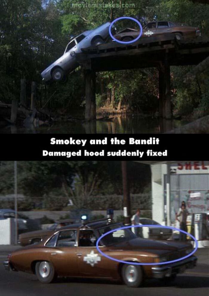 Police car in Smokey and the Bandit with a funny-movie-mistake; damaged hood is magically fixed in the next scene.