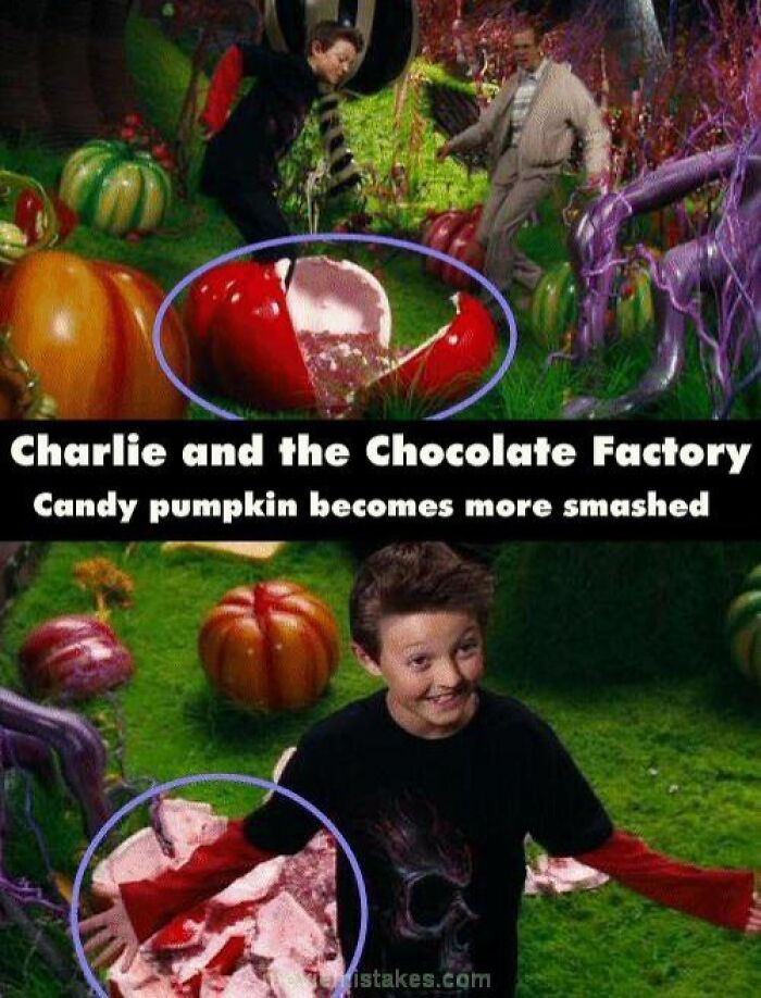 Child with smashed candy pumpkin in "Charlie and the Chocolate Factory," highlighting a funny movie mistake.