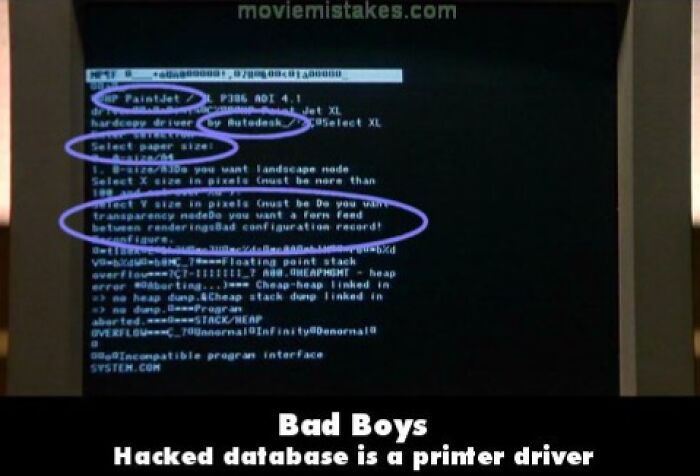 Computer screen from "Bad Boys" displaying funny movie mistake involving a printer driver.