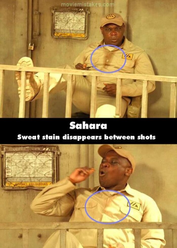 Sweat stain disappearing between shots in "Sahara" movie scene, highlighting funny film mistakes.