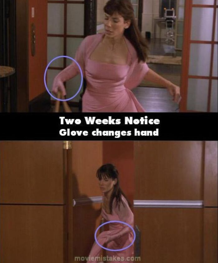 Scene showing a funny movie mistake with a glove changing hands in "Two Weeks Notice".