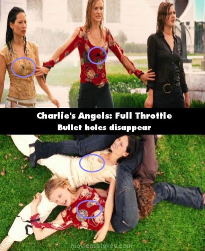 Actors in "Charlie's Angels: Full Throttle" highlight funny movie mistakes with disappearing bullet holes.