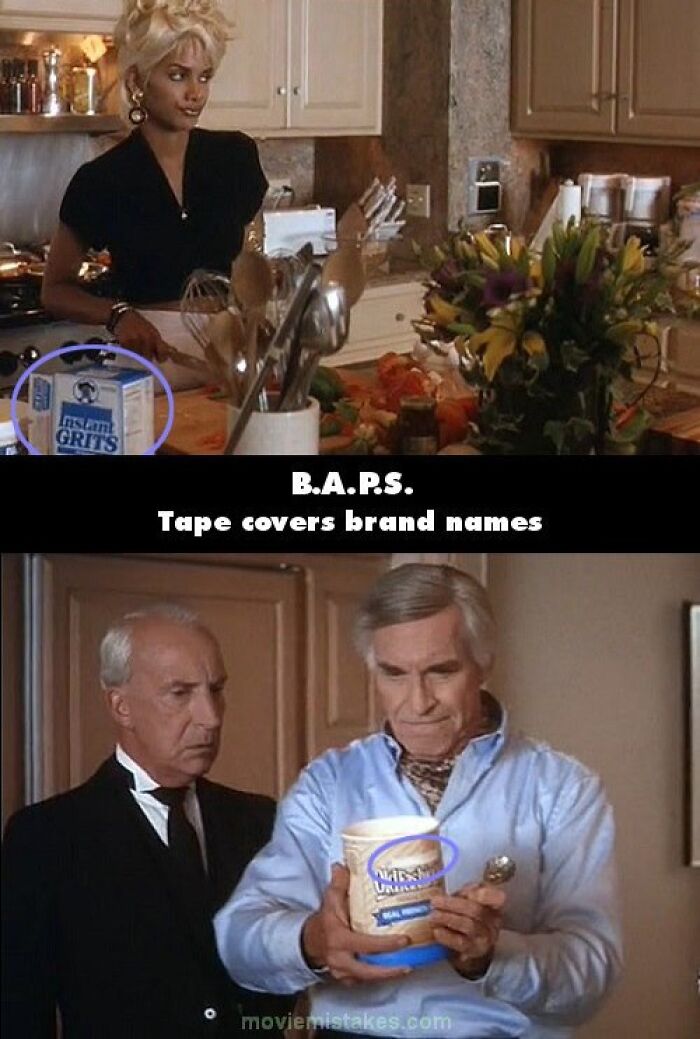 Scene showing funny movie mistakes with tape covering brand names in "B.A.P.S."