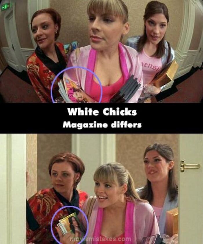 Women hold different magazines in a comedic movie mistake scene from "White Chicks."