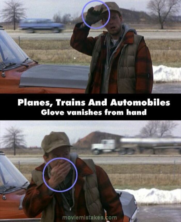 Actor with glove continuity error in "Planes, Trains and Automobiles," showcasing funny movie mistakes.