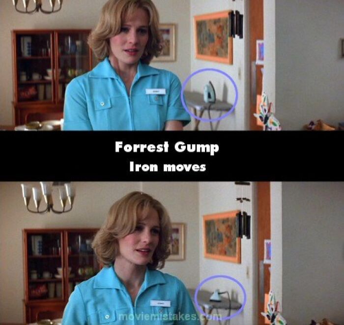 Scene from Forrest Gump with a visible funny movie mistake: the iron changes position.