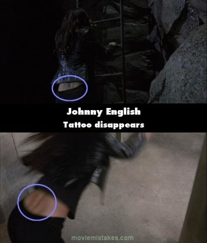 Movie scene showing a funny mistake where a tattoo vanishes in "Johnny English".