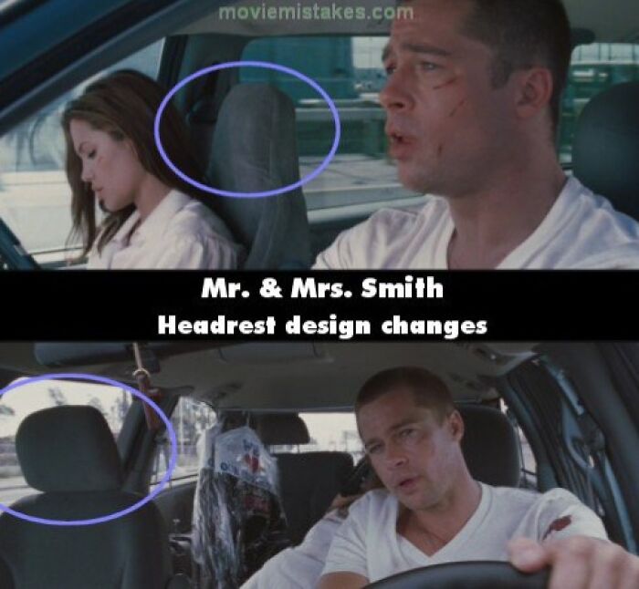 Funny movie mistakes in "Mr. & Mrs. Smith" showcase headrest design changing between shots.