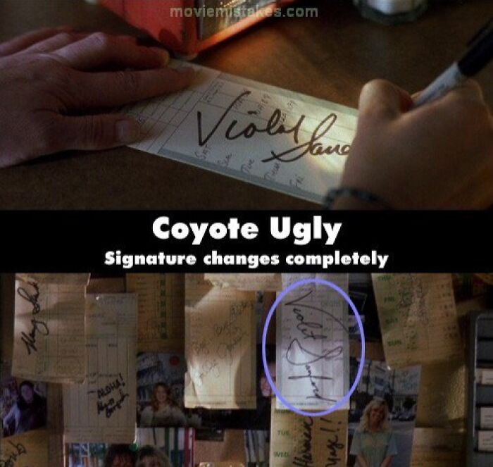 Signature inconsistency in Coyote Ugly, showcasing one of the funny movie mistakes in the film.