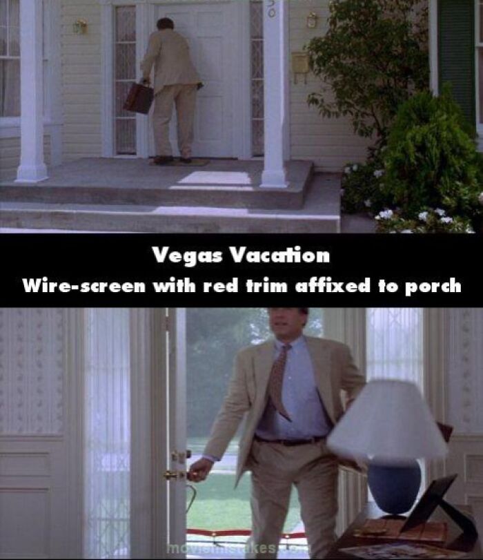 Man entering porch with wire-screen, then inside holding a lamp, highlighting funny movie mistakes.