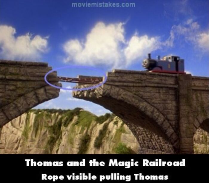 Thomas the Tank Engine scene with visible rope mistake on a bridge.