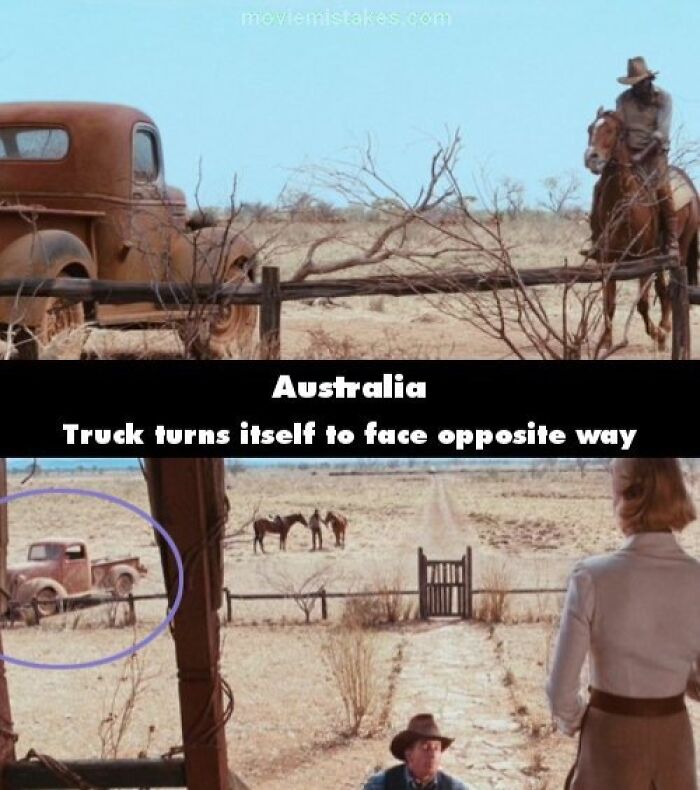 Rusty truck facing opposite directions in movie scenes from "Australia," showcasing funny movie mistakes.