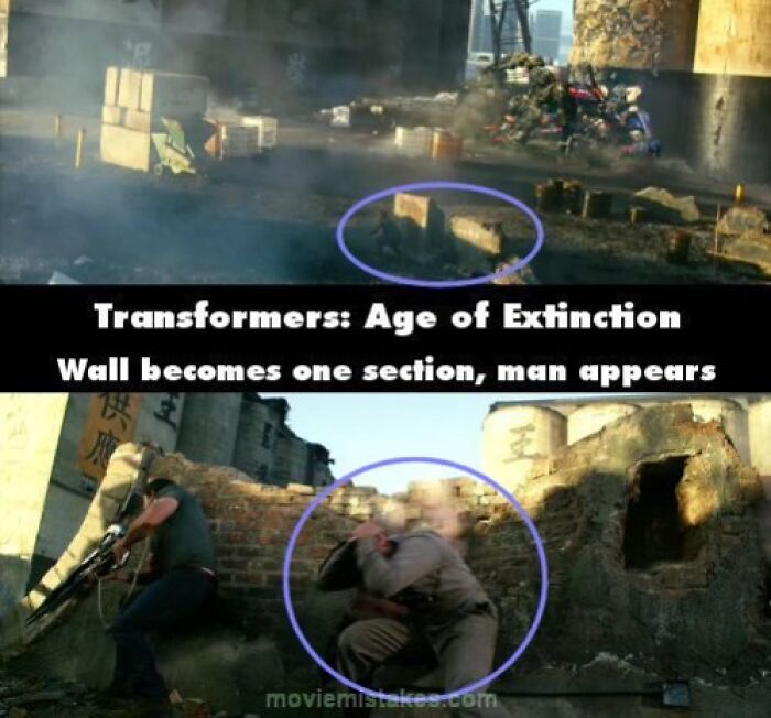 Funny movie mistakes in "Transformers: Age of Extinction" with wall continuity error highlighted.