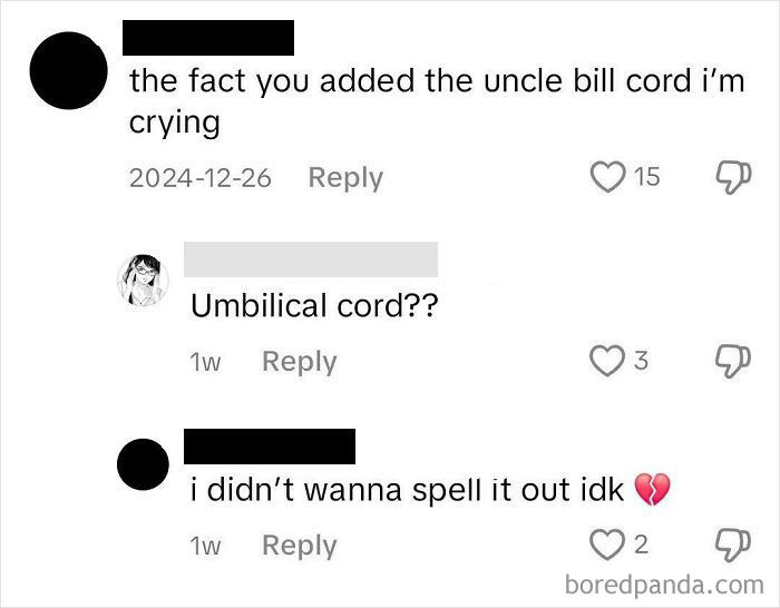 Screenshot of a humorous comment exchange about the phrase "uncle bill cord."