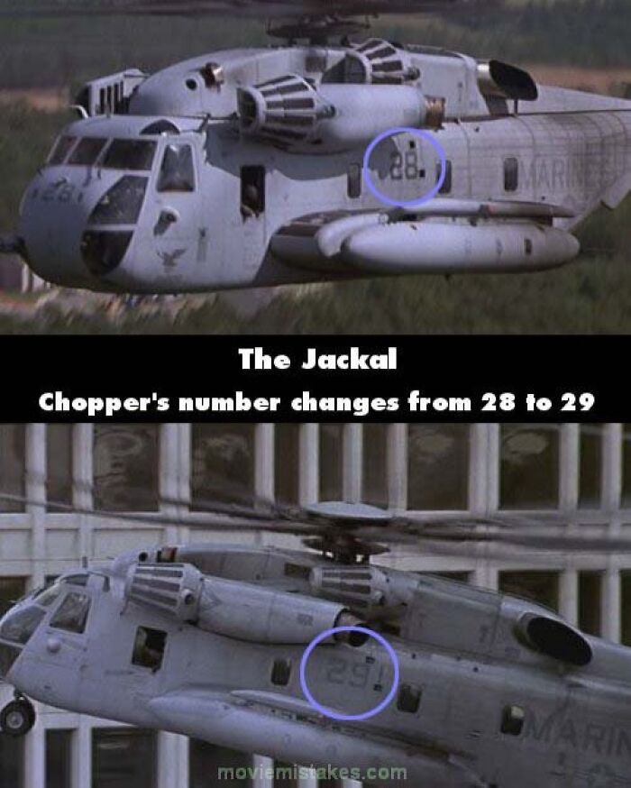 Funny movie mistake: Helicopter number changes from 28 to 29 in "The Jackal" scene.