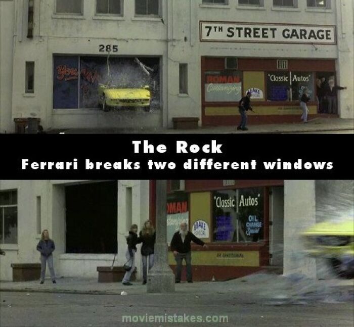 Ferrari in "The Rock" crashes through two different windows, highlighting funny movie mistakes.