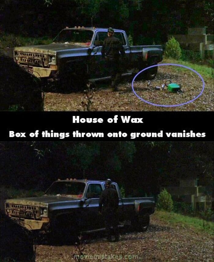 Scene from "House of Wax" showing continuity error; items vanish from the ground. Funny movie mistakes highlighted.