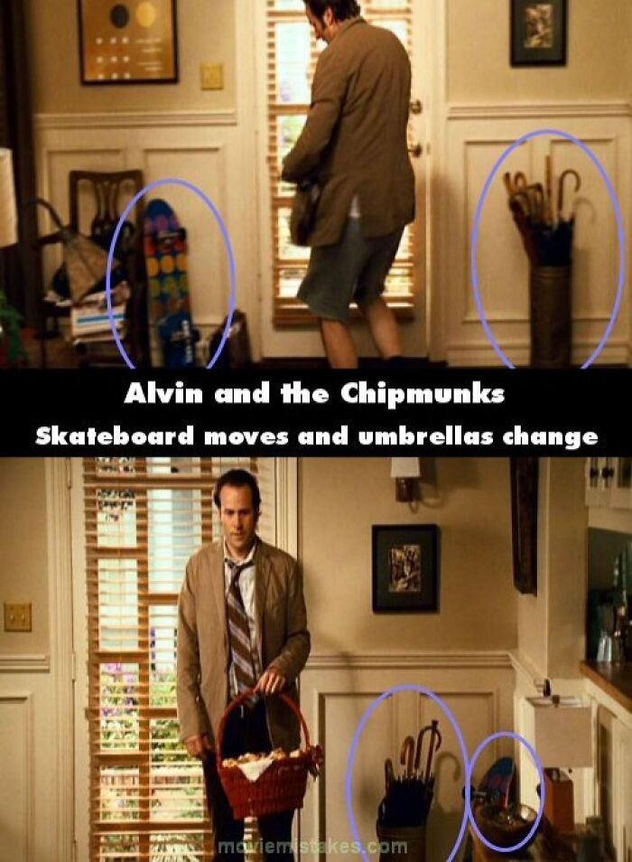 Umbrella and skateboard swap positions in "Alvin and the Chipmunks" scene - funny movie mistakes highlighted.