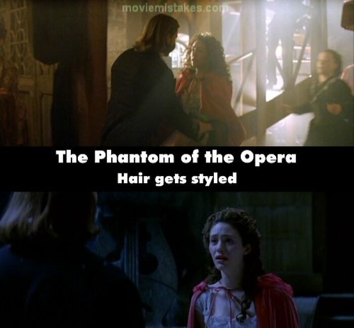 Funny movie mistakes in "The Phantom of the Opera" showing hair changing unexpectedly between scenes.