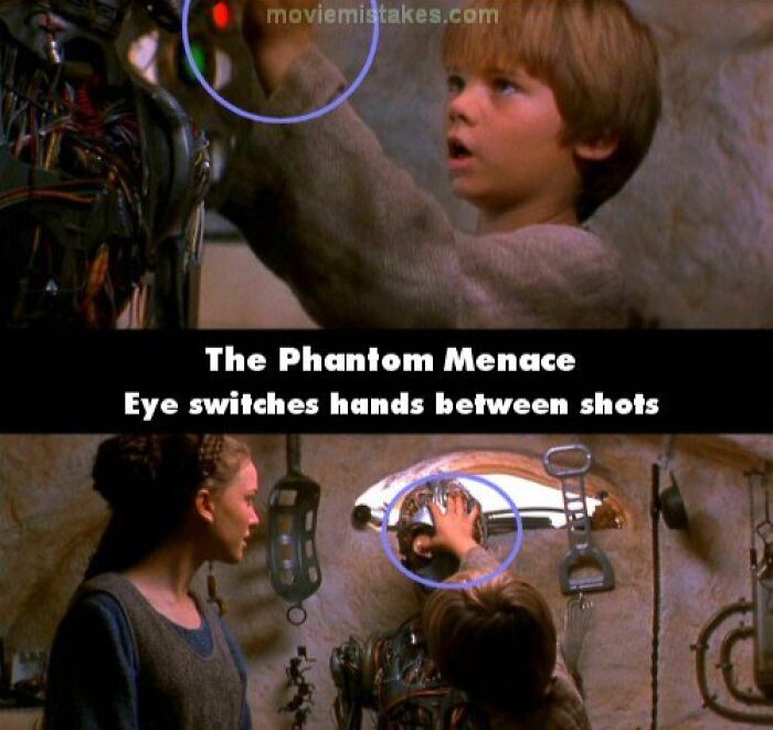 Funny movie mistake in "The Phantom Menace" where a boy's hand placement changes between shots.