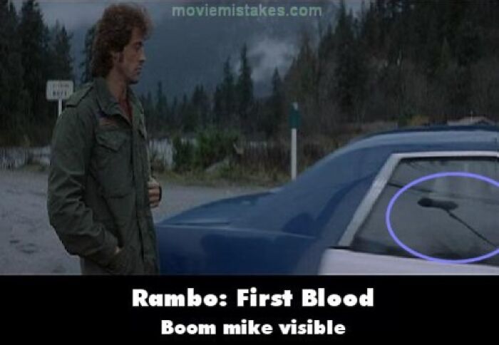 Boom mic visible in a scene from Rambo: First Blood, showcasing funny movie mistakes.