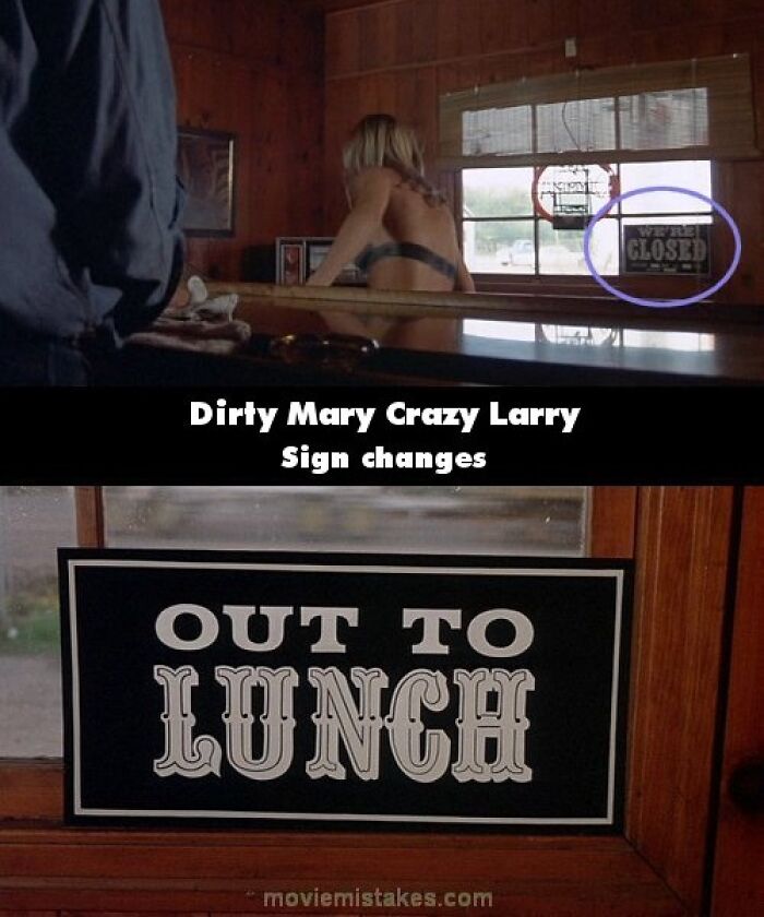 Funny movie mistake showing inconsistent signs in "Dirty Mary Crazy Larry".