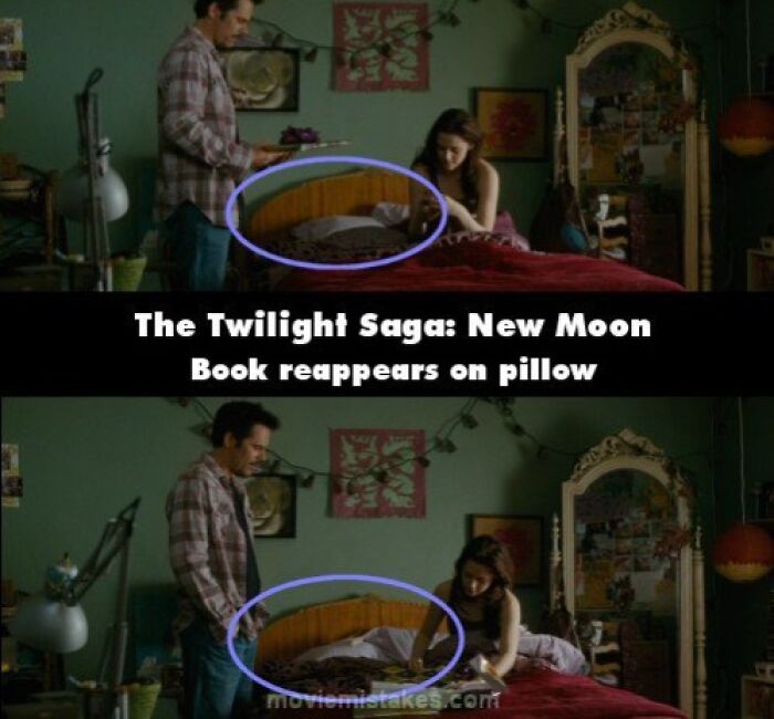 Funny movie mistake: A book appears and disappears on the bed in The Twilight Saga: New Moon scene.