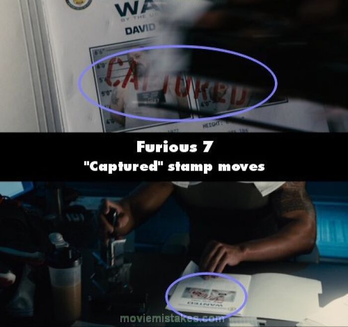 "Funny movie mistakes in Furious 7, showing a continuity error with the 'Captured' stamp."